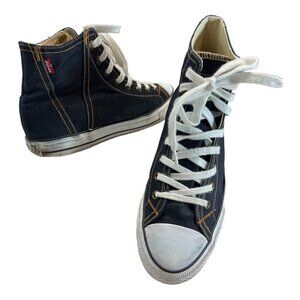 Mens‎ 9.5 Levis Original High Top Blue Denim Canvas Shoes White Lace-Ups